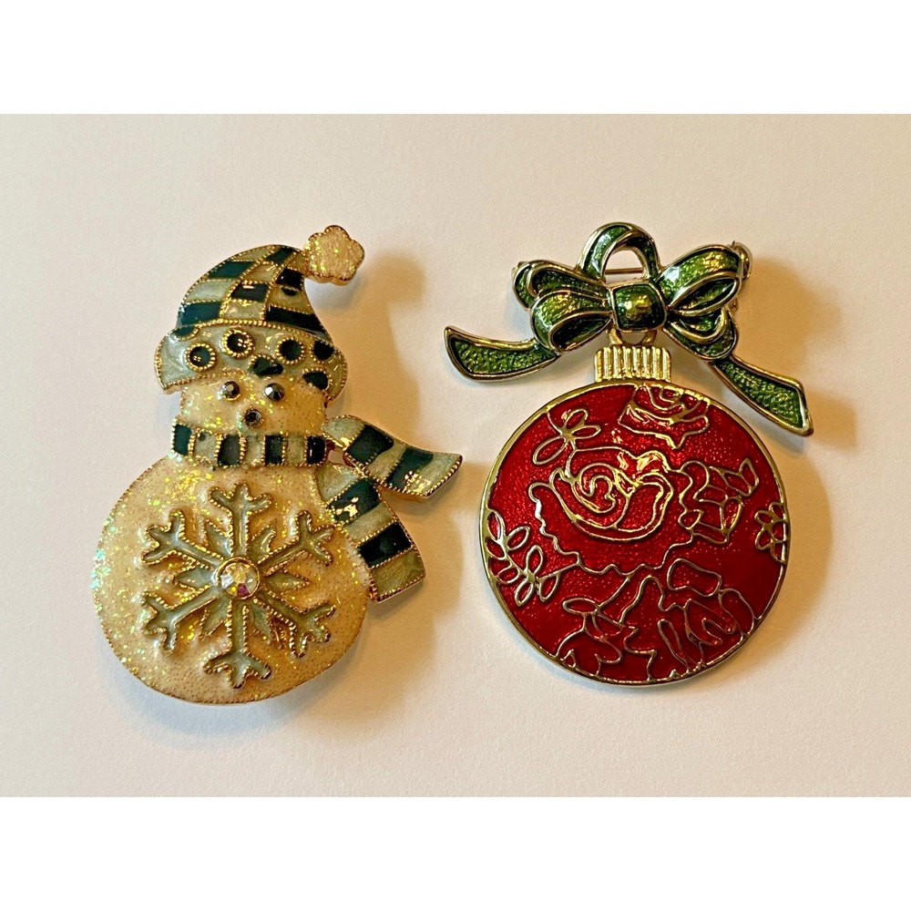 Two Vintage Enamel Christmas Brooches Pins Snowman Ornament Flower Jewelry Gifts